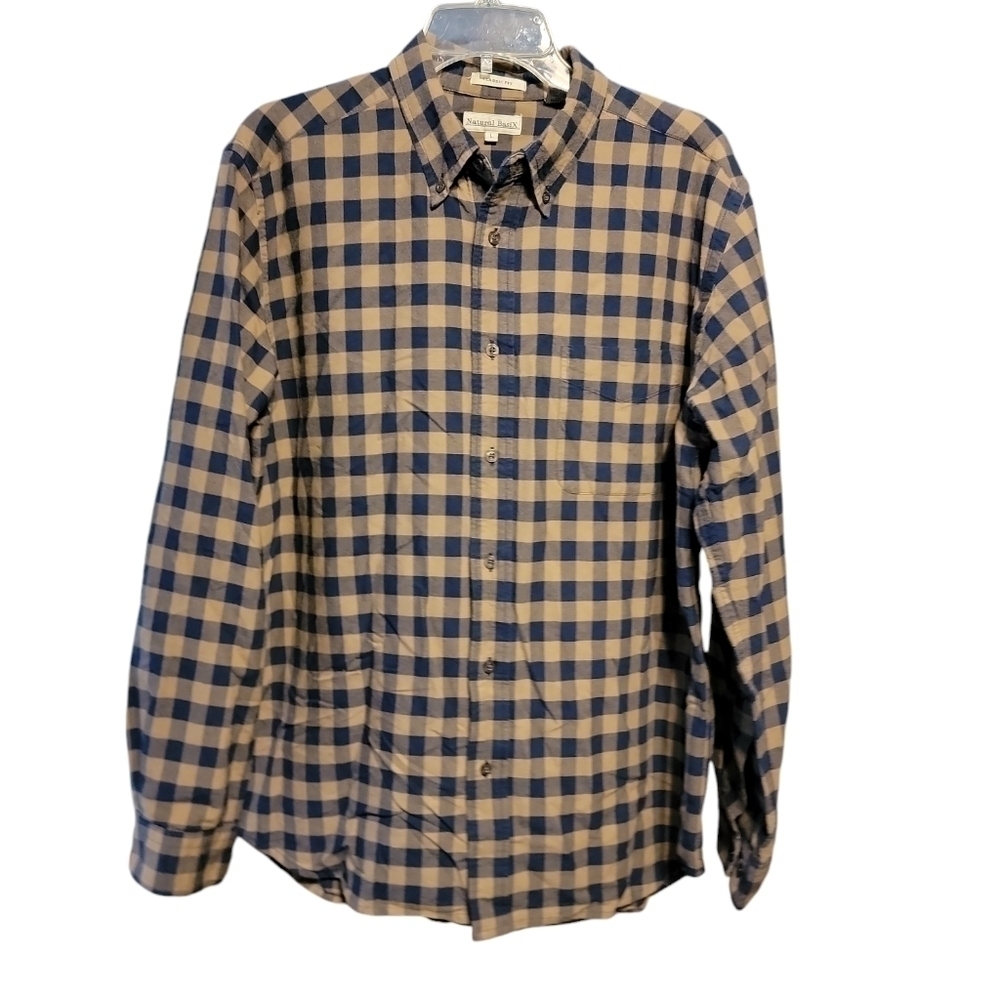Natural Basix size large cotton long sleeve button down shirt blue & tan